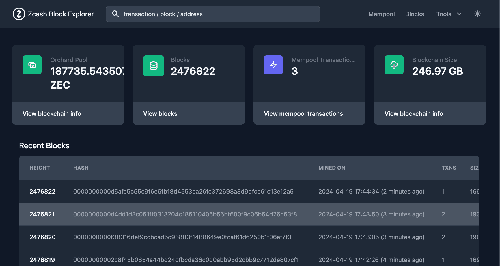 Zcash Block Explorer