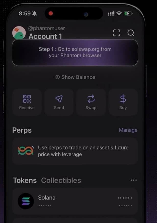 Insert image: Phantom home screen highlighting the Swap button
