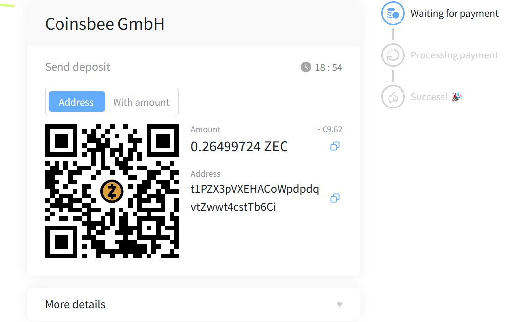 Step 4 - ZEC payment details