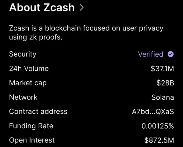 Phantom's About Zcash panel showing the contract address A7bd…QXaS on the Solana network