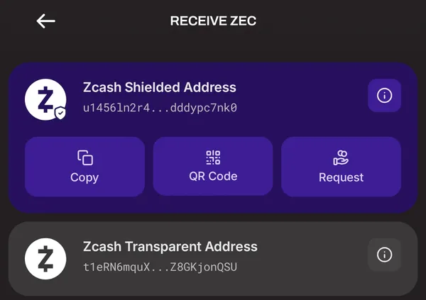 A Zcash wallet's Receive screen with a shielded address starting u1 and a transparent address starting t1