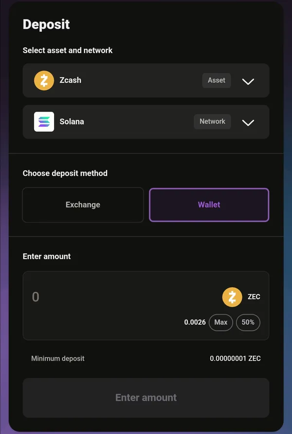 solswap Deposit screen with Zcash as the asset, Solana as the network and Wallet as the method