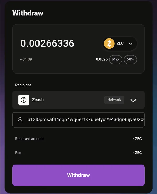 solswap Withdraw form with the received amount and fee stuck at a dash