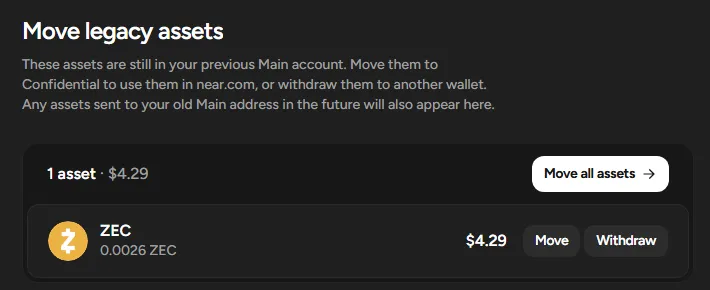 near.com Move legacy assets page listing 0.0026 ZEC with Move and Withdraw buttons