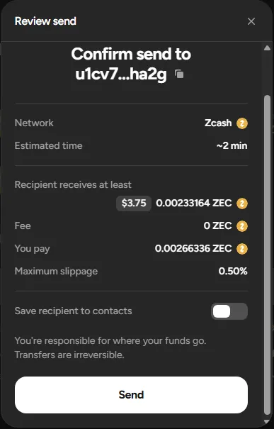 near.com Review send screen: network Zcash, recipient receives at least 0.00233164 ZEC, fee 0 ZEC, you pay 0.00266336 ZEC