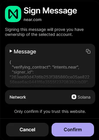 Phantom Sign Message request from near.com on the Solana network