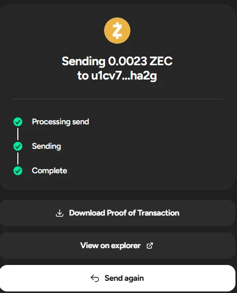 near.com status screen: Sending 0.0023 ZEC, all three steps complete