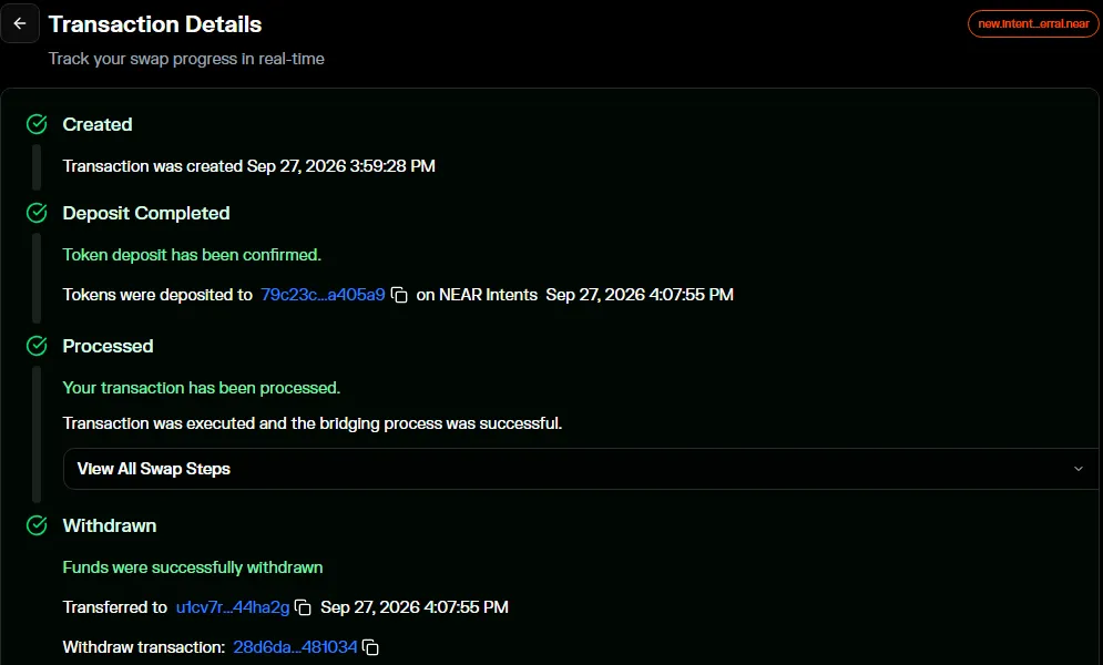 NEAR Intents explorer record: created 3:59:28 PM, withdrawn to the u1 address 4:07:55 PM, with the Zcash withdraw transaction ID
