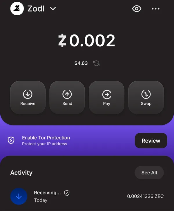 Zcash wallet activity showing Receiving 0.00241336 ZEC with a shield icon