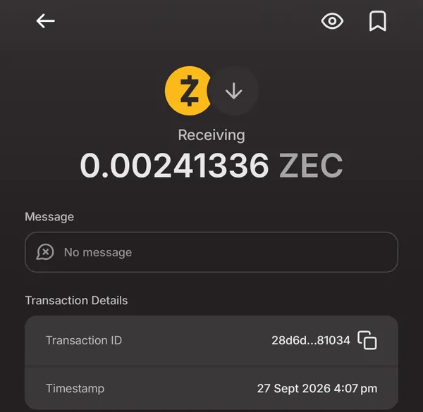 Zcash wallet transaction details with the transaction ID and timestamp