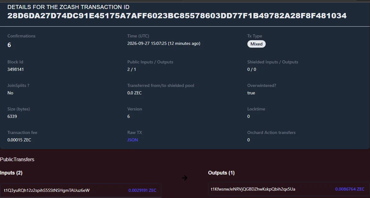 Explorer summary for the transaction: two transparent inputs, one transparent output, 0/0 shielded