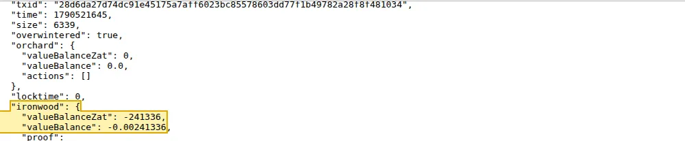 Raw transaction JSON with the ironwood section highlighted: valueBalance -0.00241336 (highlight added)