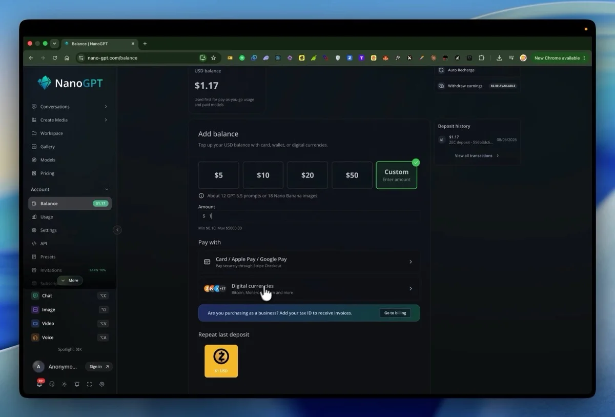 NanoGPT add balance screen showing the custom amount and the ten cent minimum