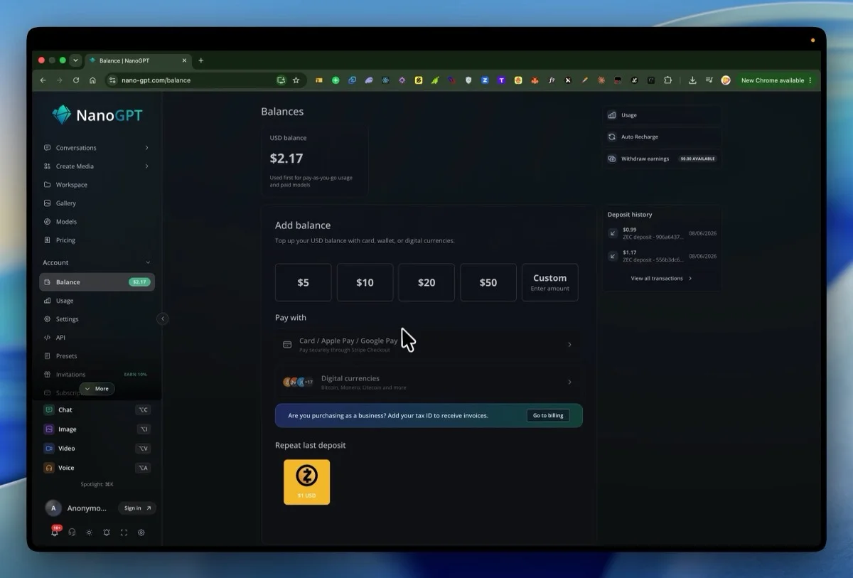 NanoGPT balance page showing the credited amount and deposit history