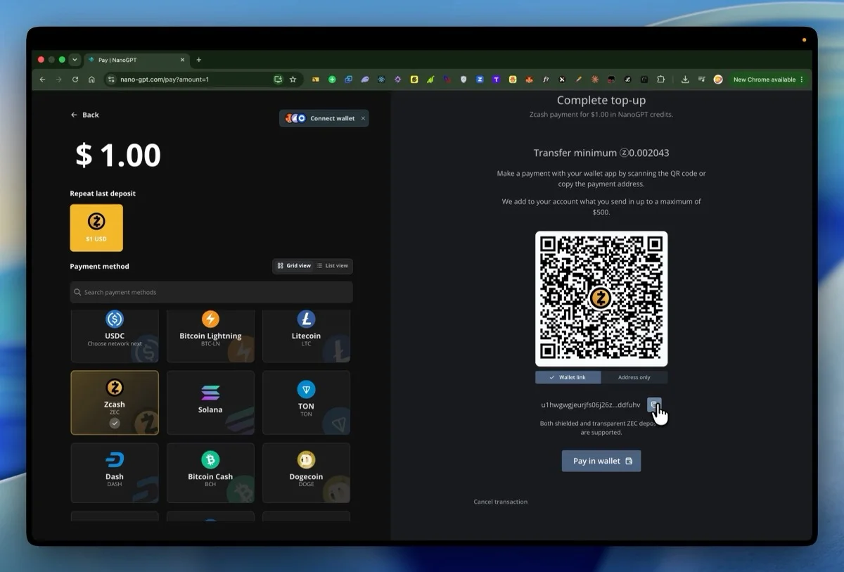 NanoGPT Zcash deposit screen with the QR code, unified address and transfer minimum