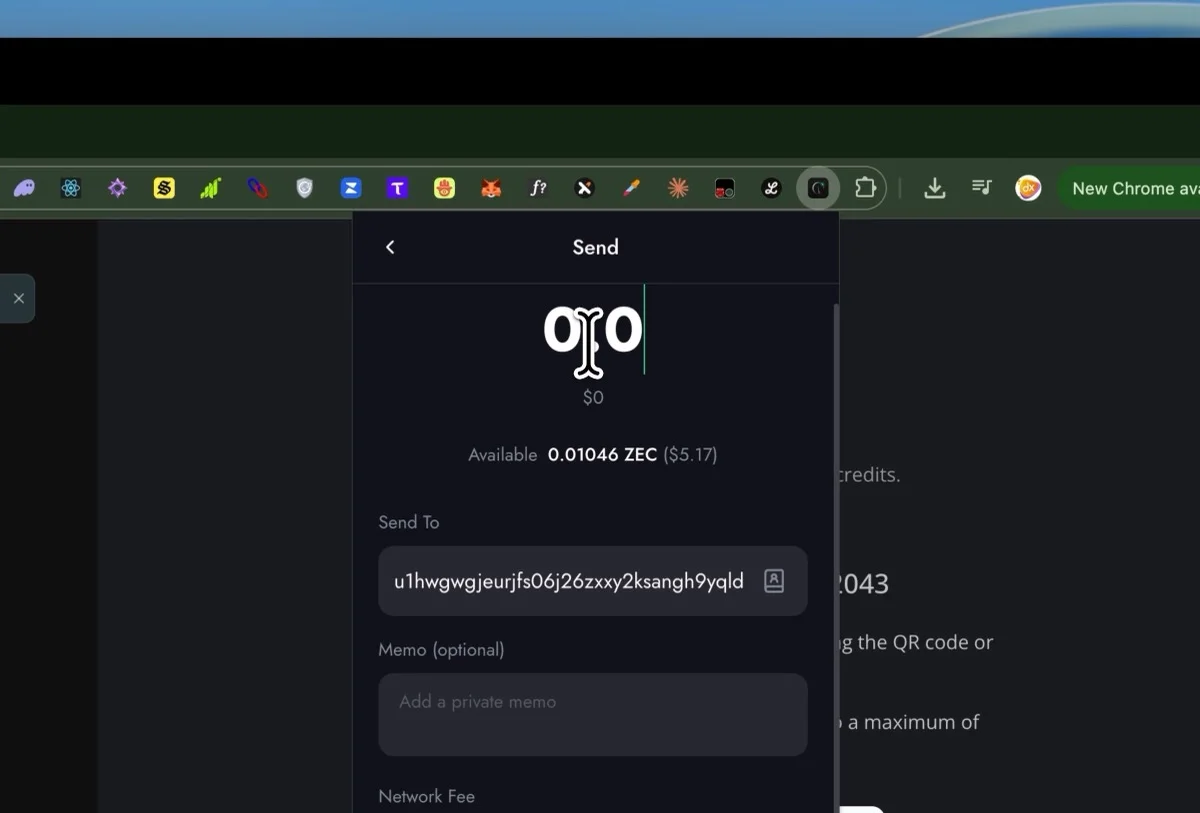 Noir Wallet send screen with the NanoGPT address pasted in and the network fee shown