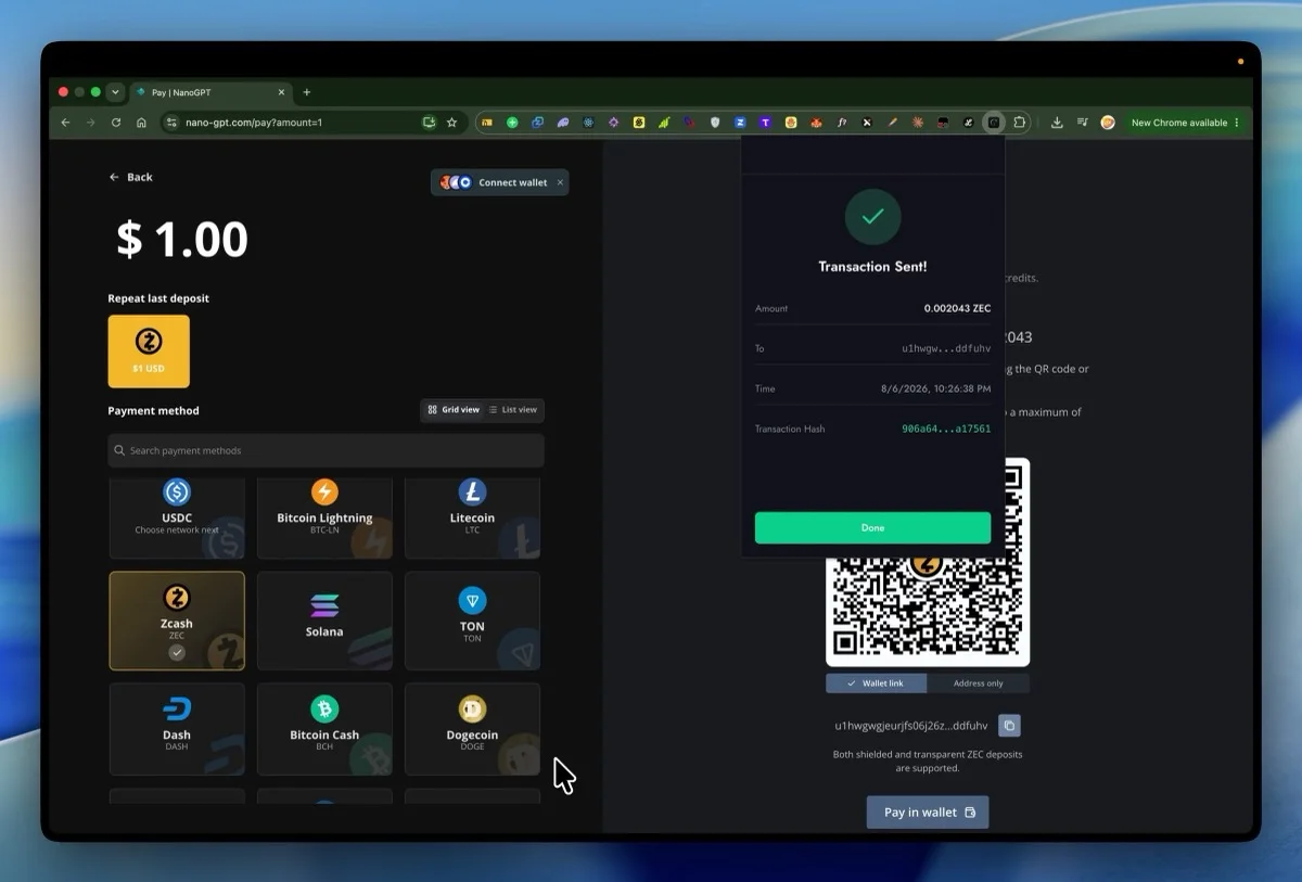 Wallet confirmation showing the amount sent and the transaction hash