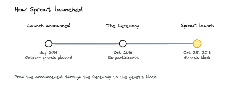 Timeline from the August 2016 announcement through the parameter Ceremony to the October 28, 2016 Sprout launch
