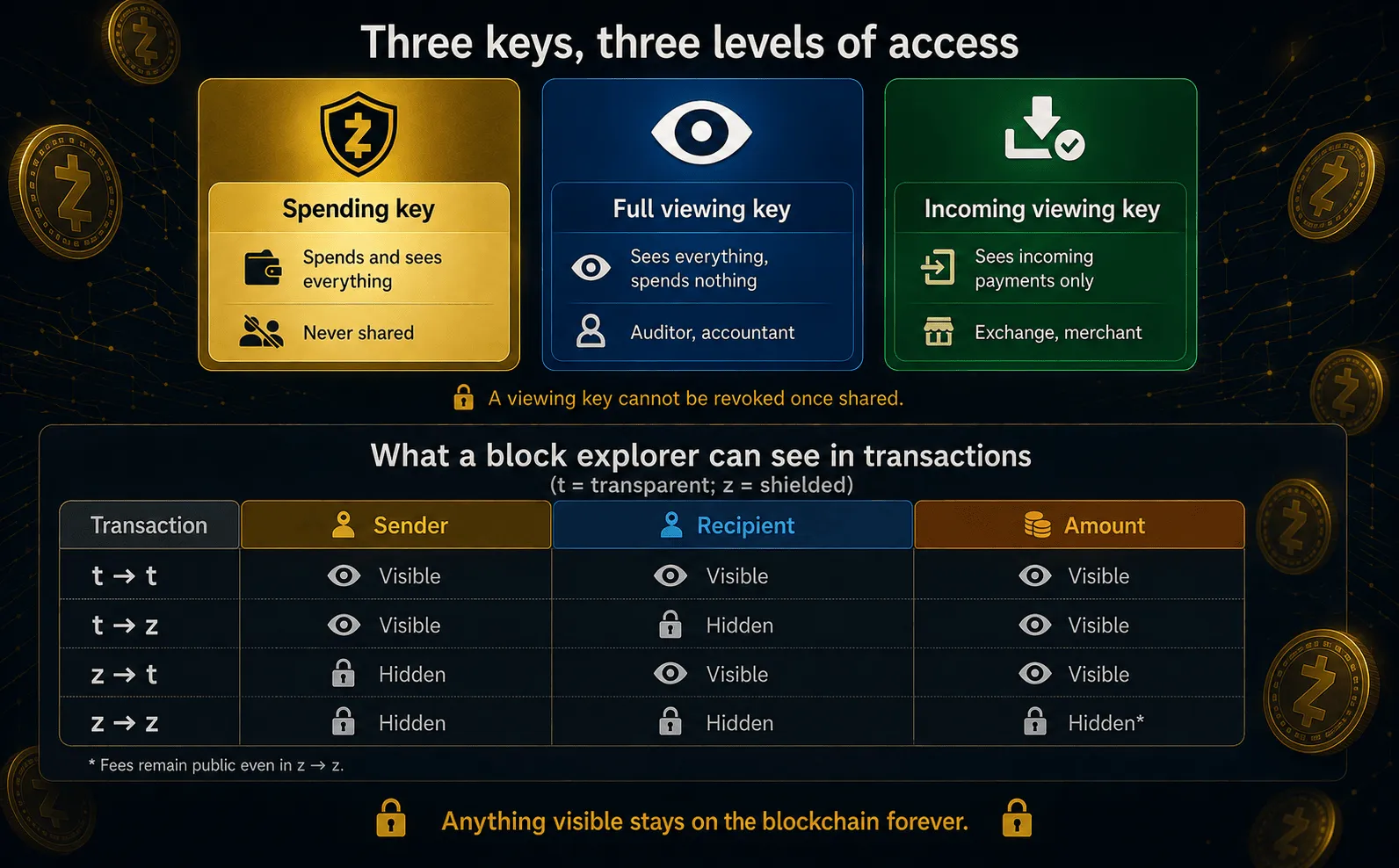 Zcash key types and what a block explorer can see for each of the four transaction paths