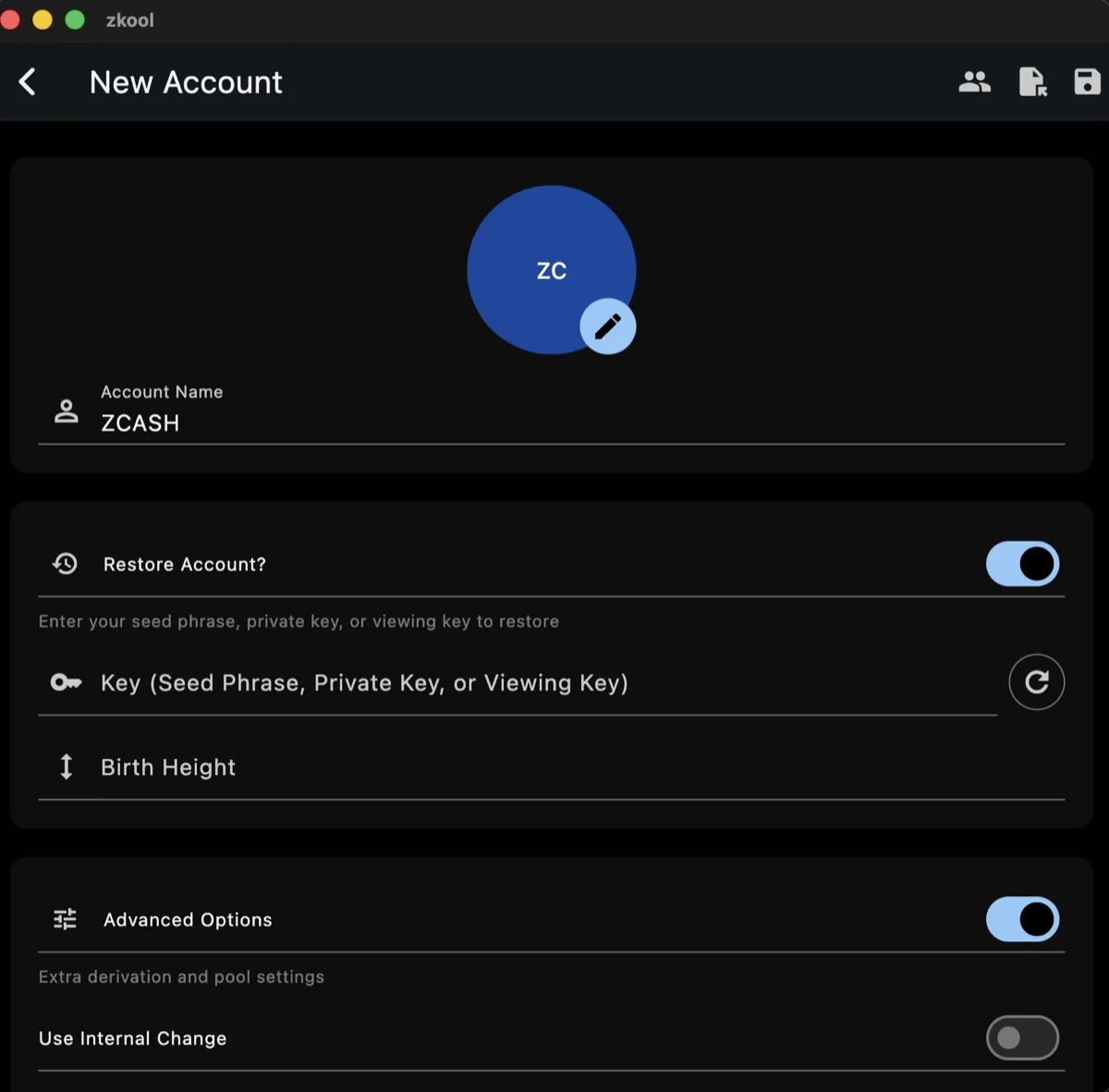 Zkool New Account screen with Restore Account and Advanced Options both turned on